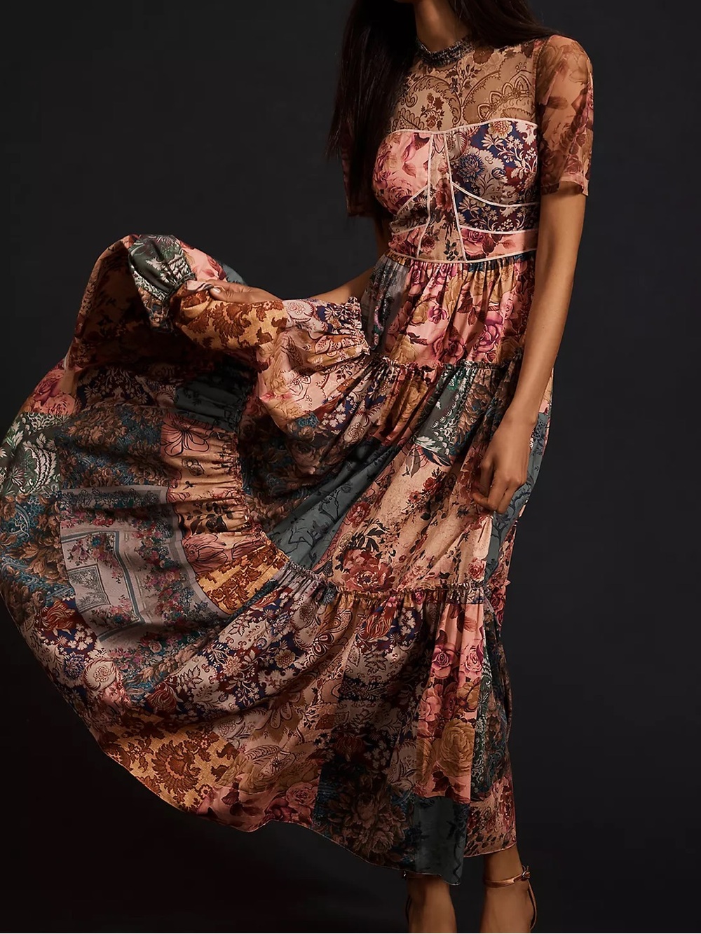 Geisha Designs Anthropologie Patchwork Floral Maxi Dress Pink Multi Mesh Size 4 - Picture 2 of 11